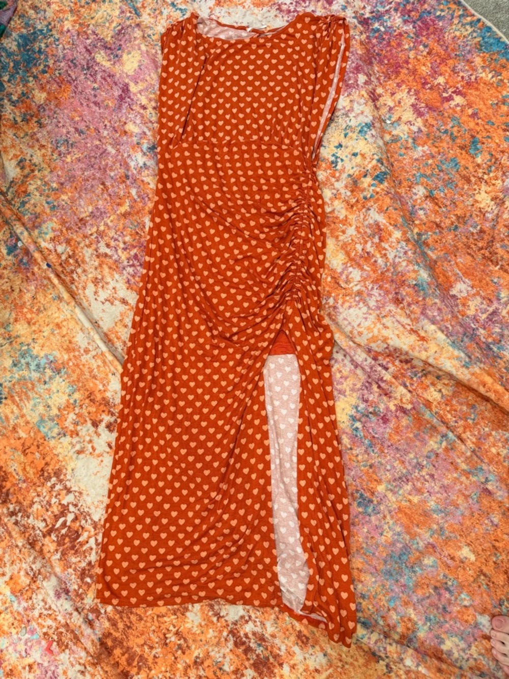 Free People Heart Print Ruched Midi Dress Orange Pink Open Back Side Slit SizeXL - Picture 1 of 3